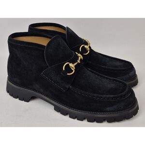 Gucci Women's Black Sylke Suede Horsebit Ankle Booties Chukka Loafer Size 39 EU